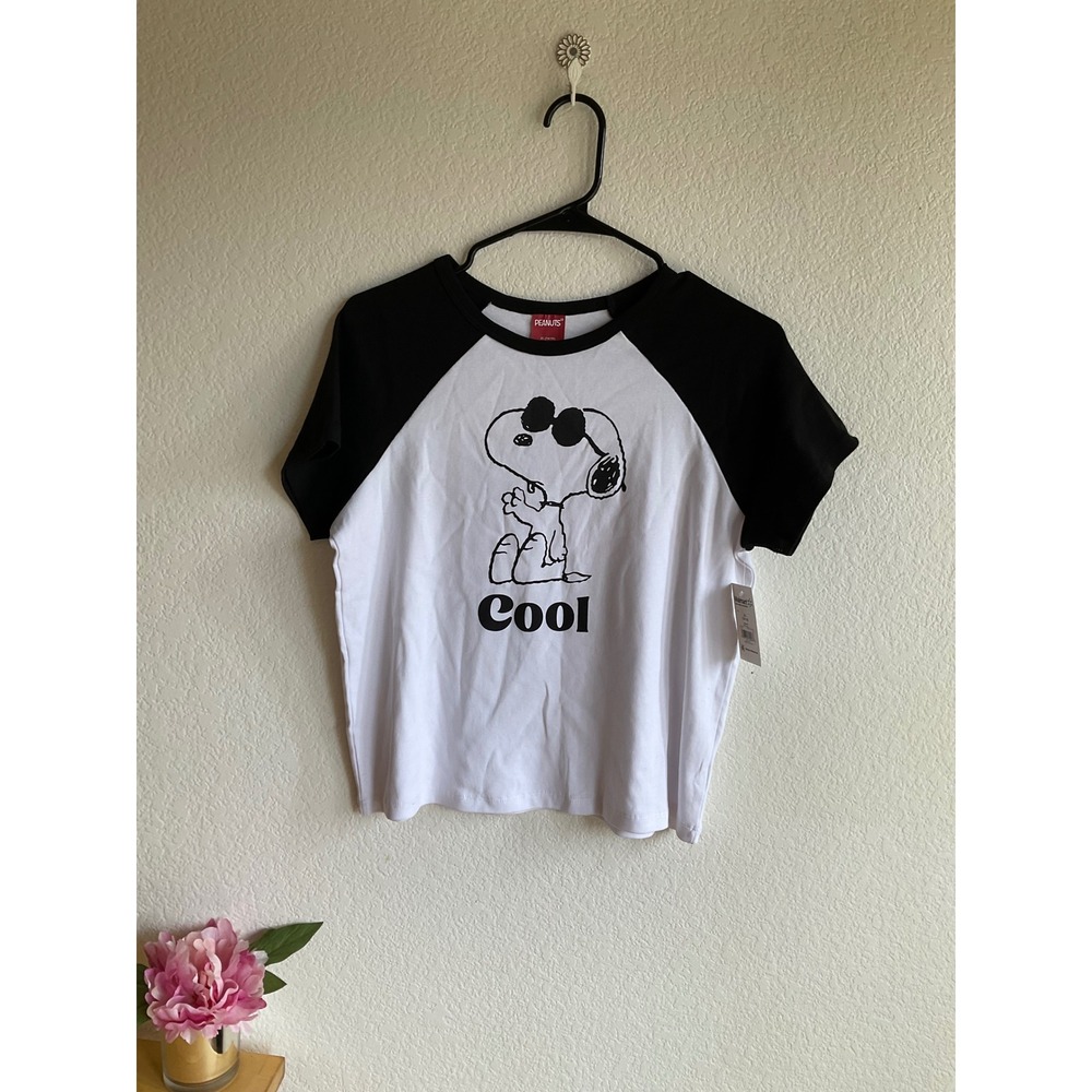Peanuts Joe Cool Snoopy Raglan Graphic T-Shirt Girls XL 14-16 Black White NEW
